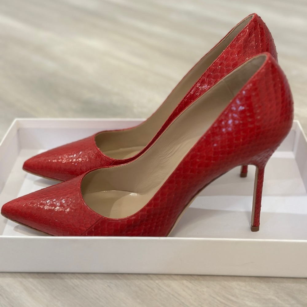 Manolo Blahnik BB Snake-Embossed Stiletto Pumps Red 105mm